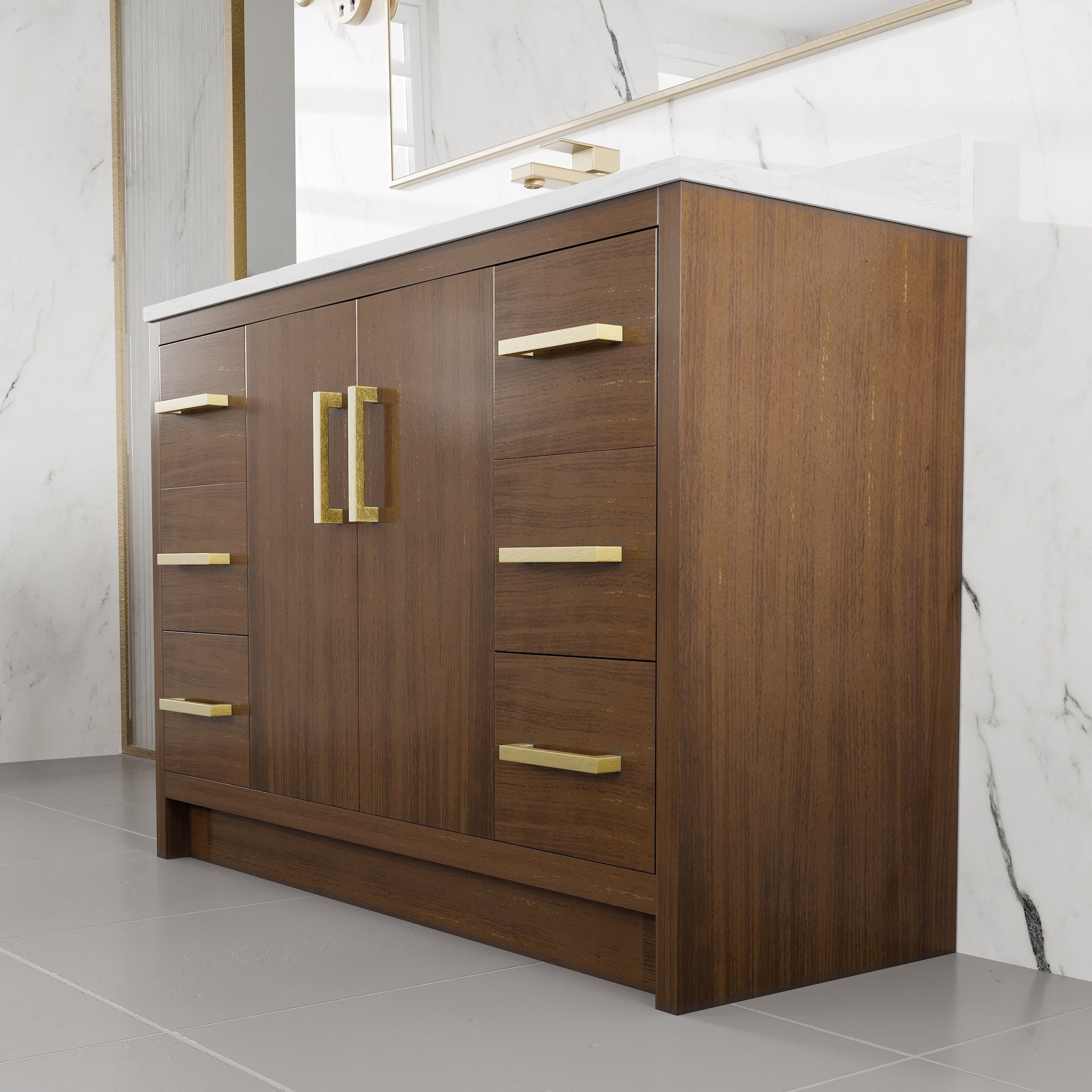 Curio 48 in. Walnut Single Sink Bath Vanity with Arabescato Engineered Stone Top and Undermount Porcelain Sink - Bathroom Vanity by Eviva