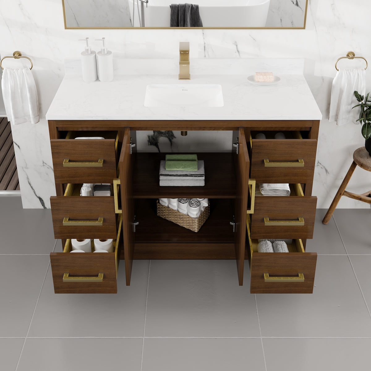 Curio 48 in. Walnut Single Sink Bath Vanity with Arabescato Engineered Stone Top and Undermount Porcelain Sink - Bathroom Vanity by Eviva