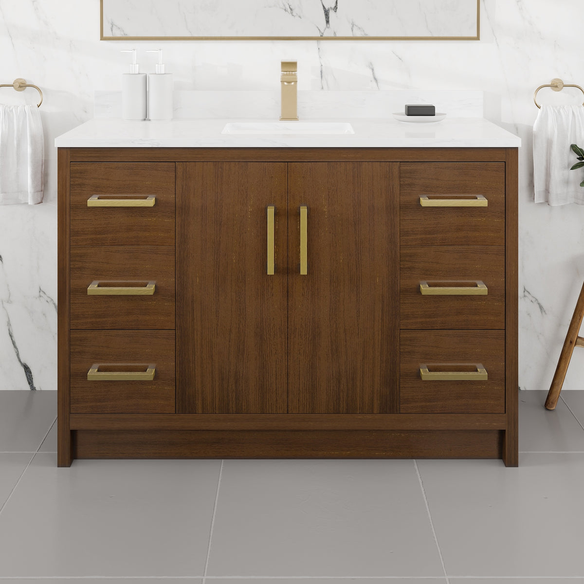 Curio 48 in. Walnut Single Sink Bath Vanity with Arabescato Engineered Stone Top and Undermount Porcelain Sink - Bathroom Vanity by Eviva