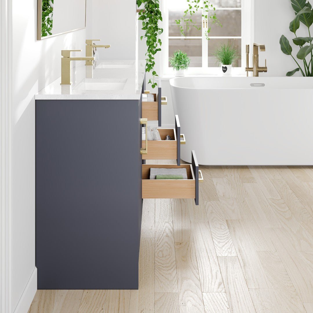 Curio 60 in. Dark Blue Double Sink Bath Vanity with Carrara Quartz Top and Undermount Porcelain Sinks - Bathroom Vanity by Eviva