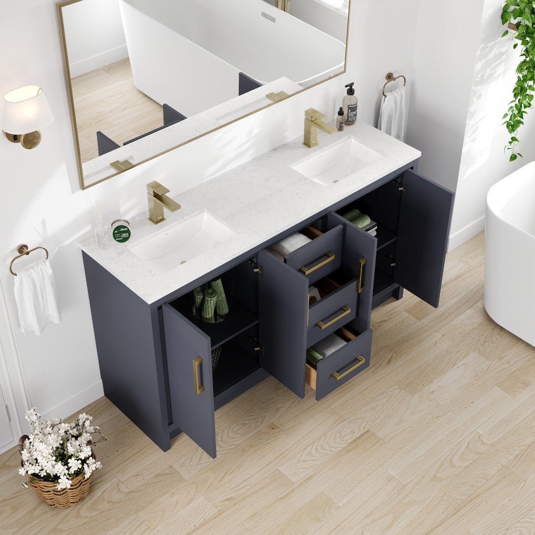 Curio 60 in. Dark Blue Double Sink Bath Vanity with Carrara Quartz Top and Undermount Porcelain Sinks - Bathroom Vanity by Eviva
