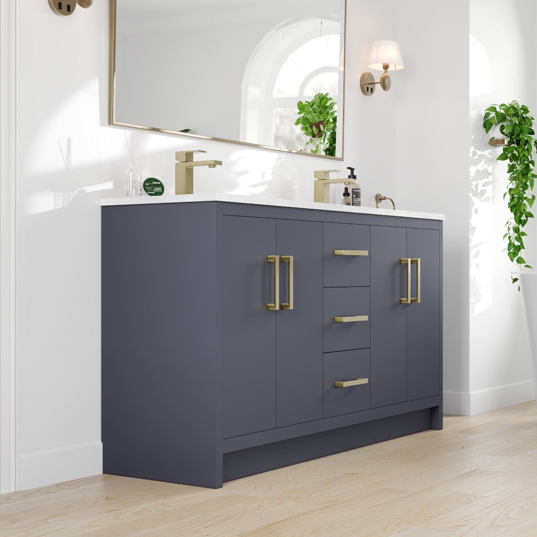 Curio 60 in. Dark Blue Double Sink Bath Vanity with Carrara Quartz Top and Undermount Porcelain Sinks - Bathroom Vanity by Eviva