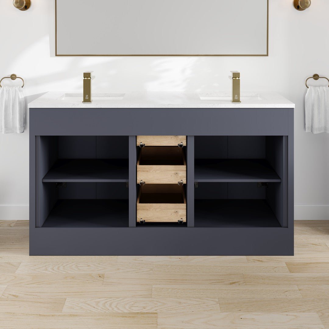 Curio 60 in. Dark Blue Double Sink Bath Vanity with Carrara Quartz Top and Undermount Porcelain Sinks - Bathroom Vanity by Eviva