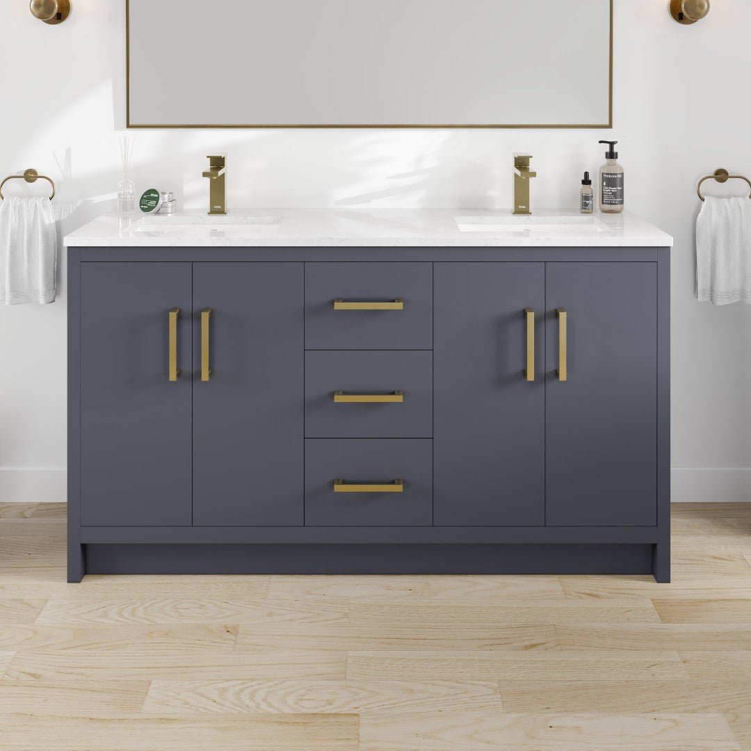 Curio 60 in. Dark Blue Double Sink Bath Vanity with Carrara Quartz Top and Undermount Porcelain Sinks - Bathroom Vanity by Eviva