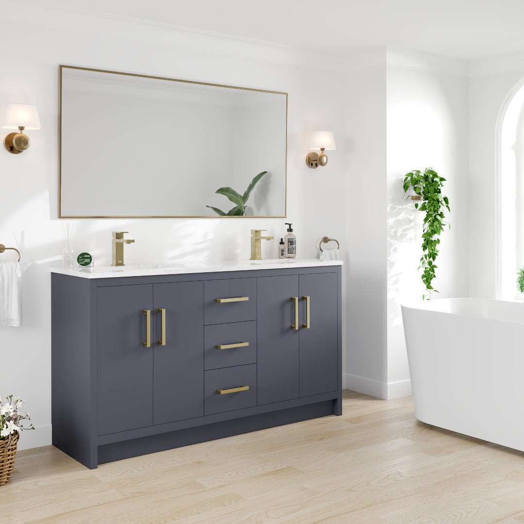 Curio 60 in. Dark Blue Double Sink Bath Vanity with Carrara Quartz Top and Undermount Porcelain Sinks - Bathroom Vanity by Eviva