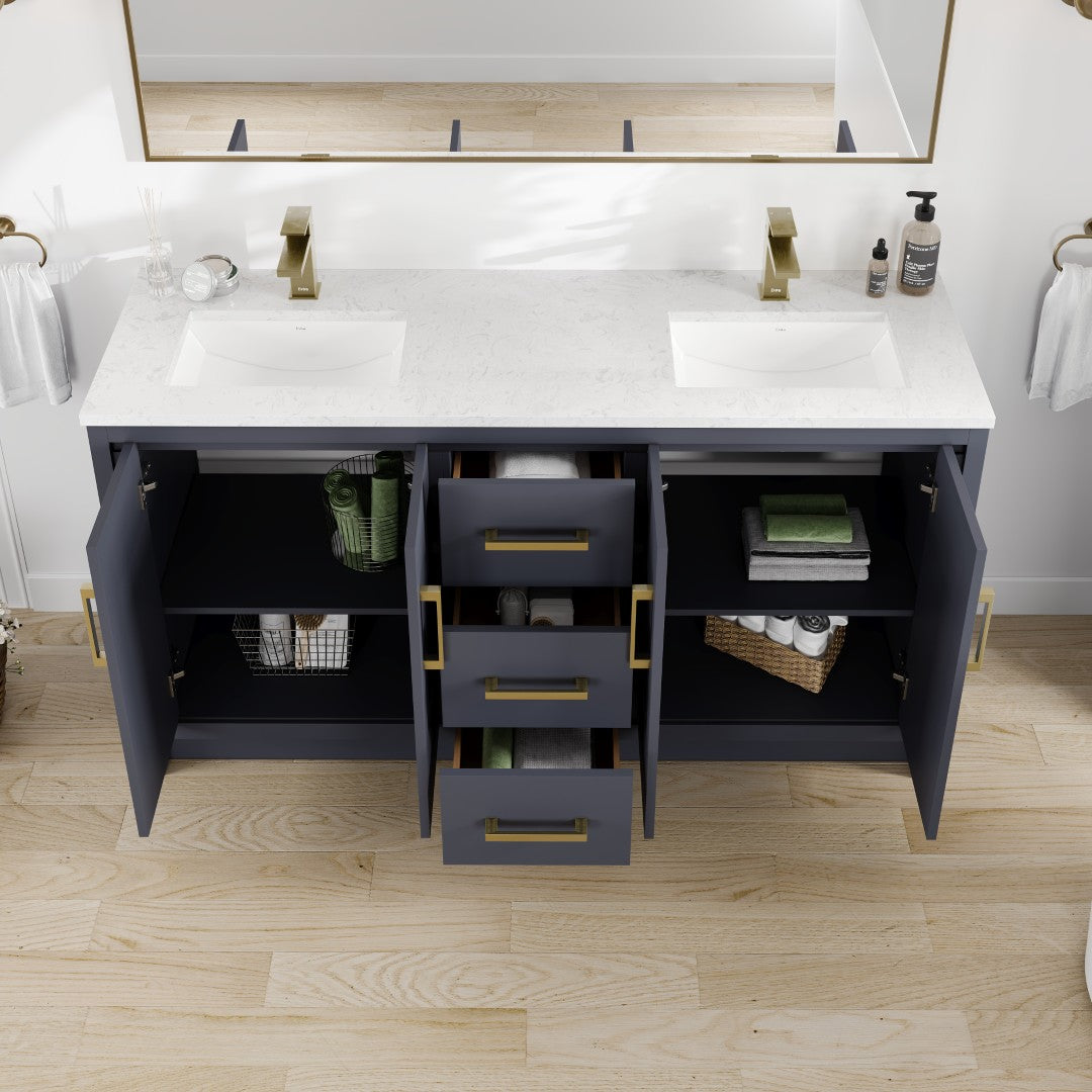 Curio 60 in. Dark Blue Double Sink  Bath Vanity with Carrara Quartz Top and Undermount Porcelain Sinks