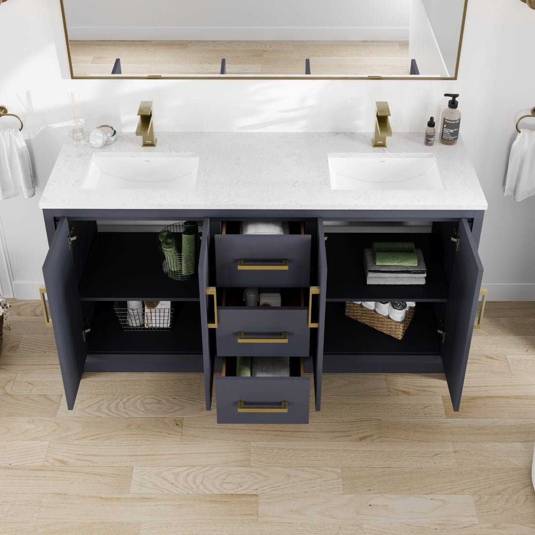 Curio 60 in. Dark Blue Double Sink Bath Vanity with Carrara Quartz Top and Undermount Porcelain Sinks - Bathroom Vanity by Eviva