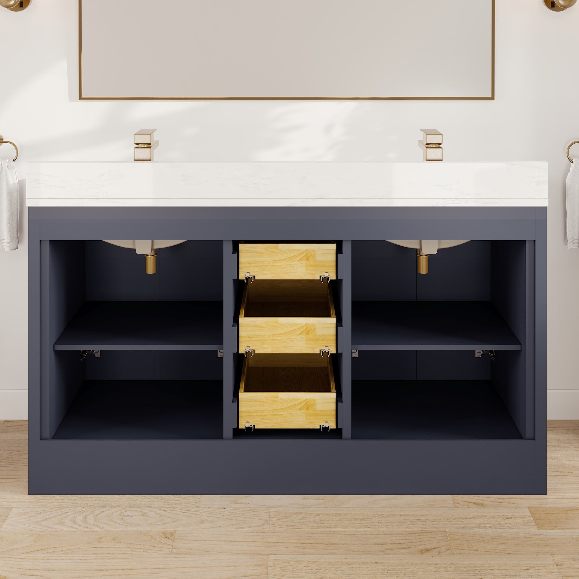 Curio 60 in. Dark Blue Double Sink Bath Vanity with Arabescato Engineered Stone Top and Undermount Porcelain Sinks - Bathroom Vanity by Eviva