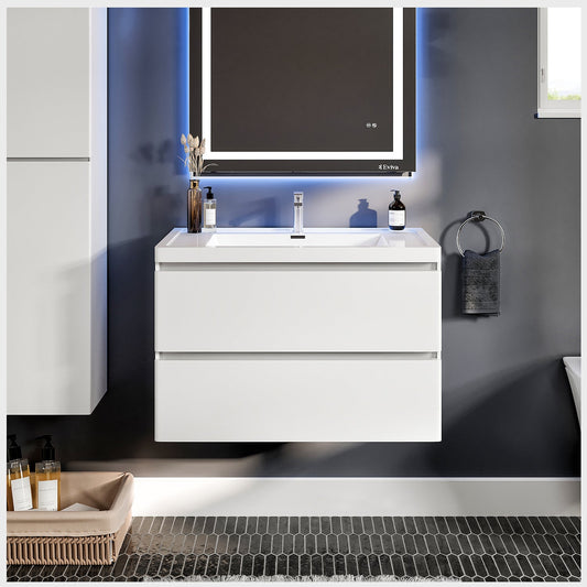 Glazzy 36"W x 19"D White Wall Mount Bathroom Vanity with Acrylic Countertop and Integrated Sink