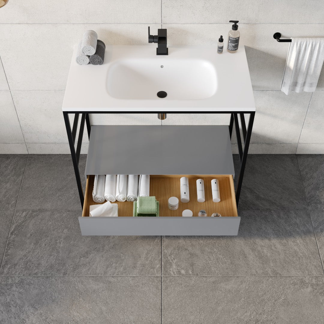 Lodge 36 in. Gray Single Sink Bath Vanity with Solid Surface Top and Integral Solid Surface Sink