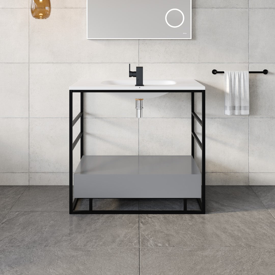 Lodge 36 in. Gray Single Sink Bath Vanity with Solid Surface Top and Integral Solid Surface Sink