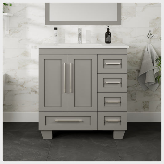 Loon 30"W x 22"D Gray Bathroom Vanity with Carrara Quartz Countertop and Undermount Porcelain Sink