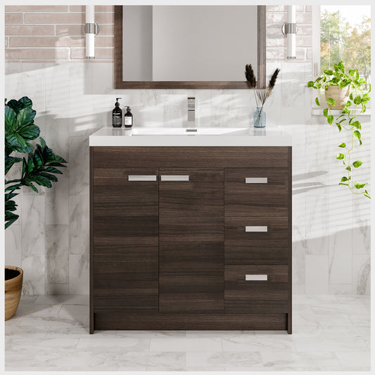 Lugano 36"W x 20"D Gray Oak Bathroom Vanity with Acrylic Countertop and Integrated Sink