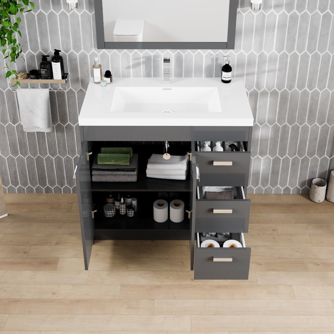 Lugano 36 in. Gray Single Sink Bath Vanity with Acrylic Top and Integrated Sink - Bathroom Vanity by Eviva