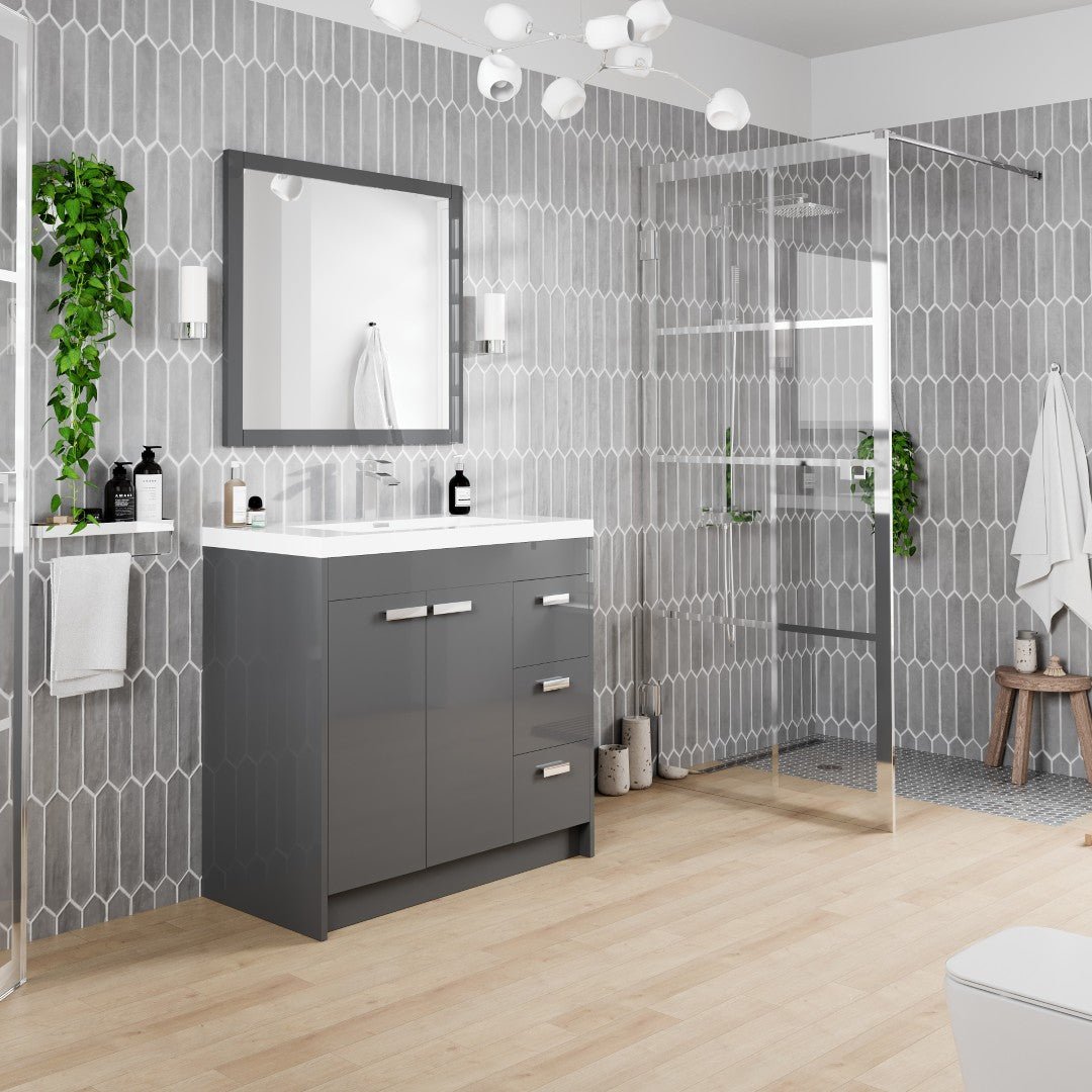 Lugano 36 in. Gray Single Sink Bath Vanity with Acrylic Top and Integrated Sink - Bathroom Vanity by Eviva