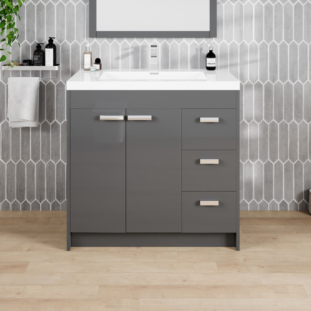 Lugano 36 in. Gray Single Sink Bath Vanity with Acrylic Top and Integrated Sink - Bathroom Vanity by Eviva