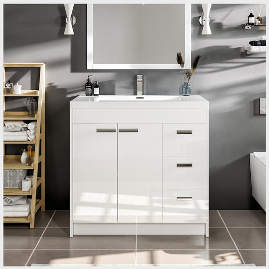 Lugano 36"W x 20"D White Bathroom Vanity with Acrylic Countertop and Integrated Sink