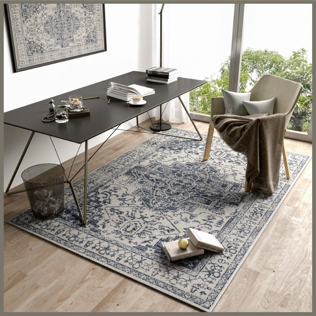 Eviva Venus 5' x 7' Geometric Blue/Cream Rug - Rug by Eviva