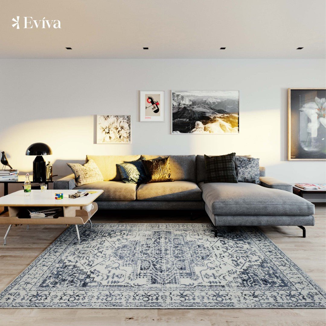 Eviva Venus 2' x 8' Geometric Blue/Cream Rug - Rug by Eviva