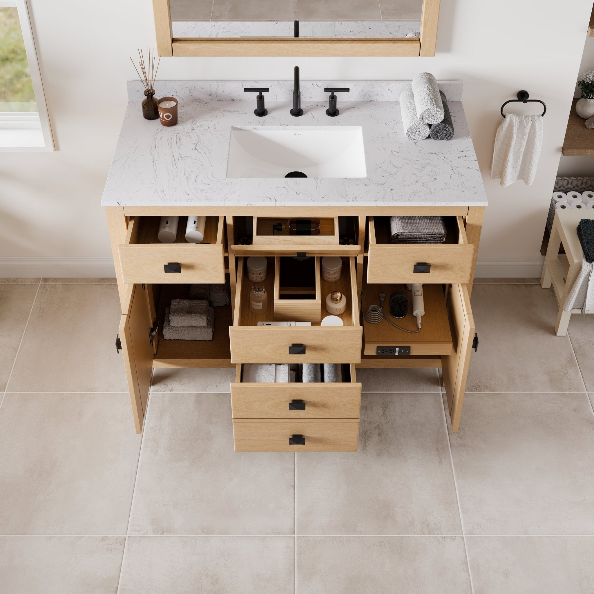 Artemis 42 in. Oak Single Sink Bath Vanity with Arabescato Engineered Stone Top and Undermount Porcelain Sink - Bathroom Vanity by Eviva