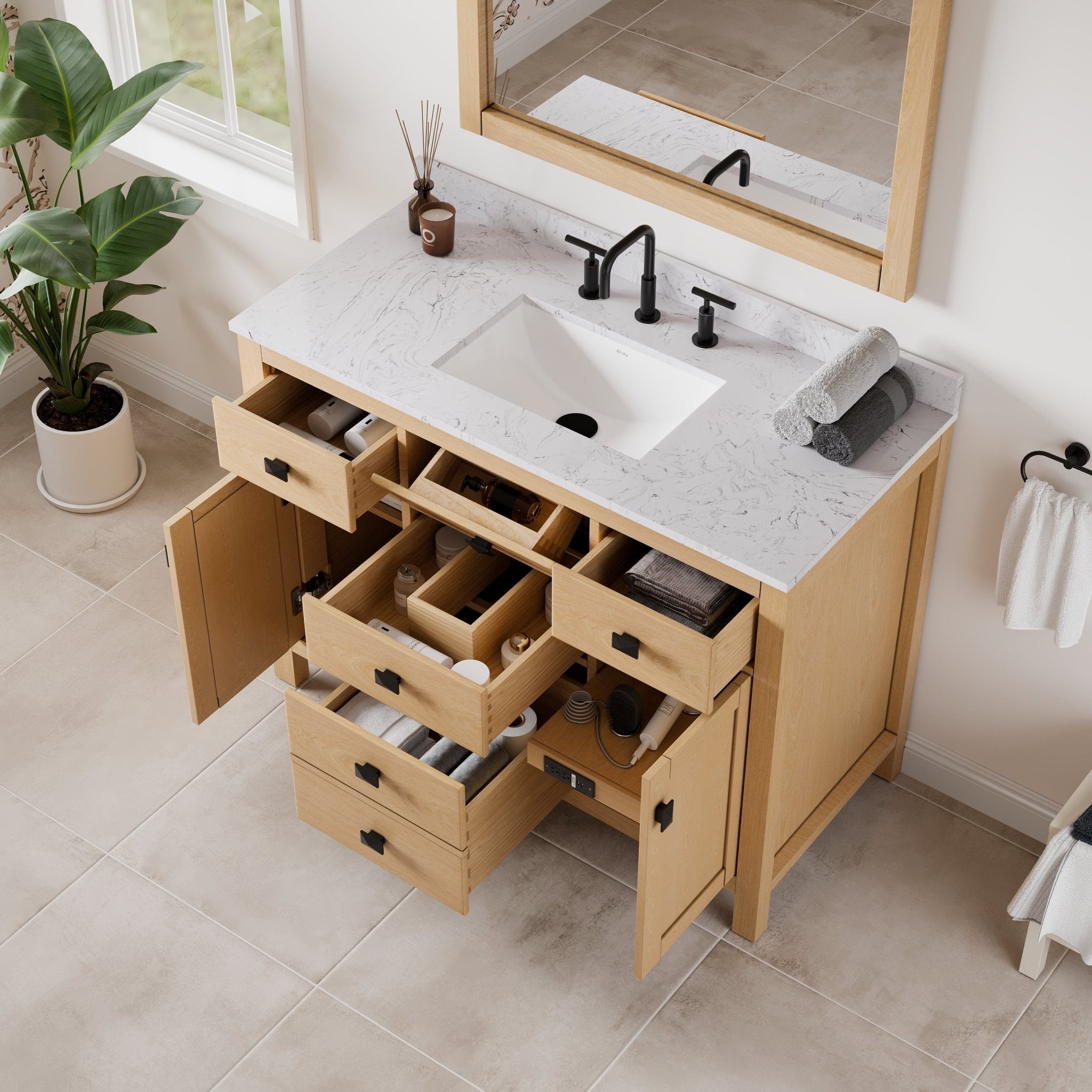 Artemis 42 in. Oak Single Sink Bath Vanity with Arabescato Engineered Stone Top and Undermount Porcelain Sink - Bathroom Vanity by Eviva