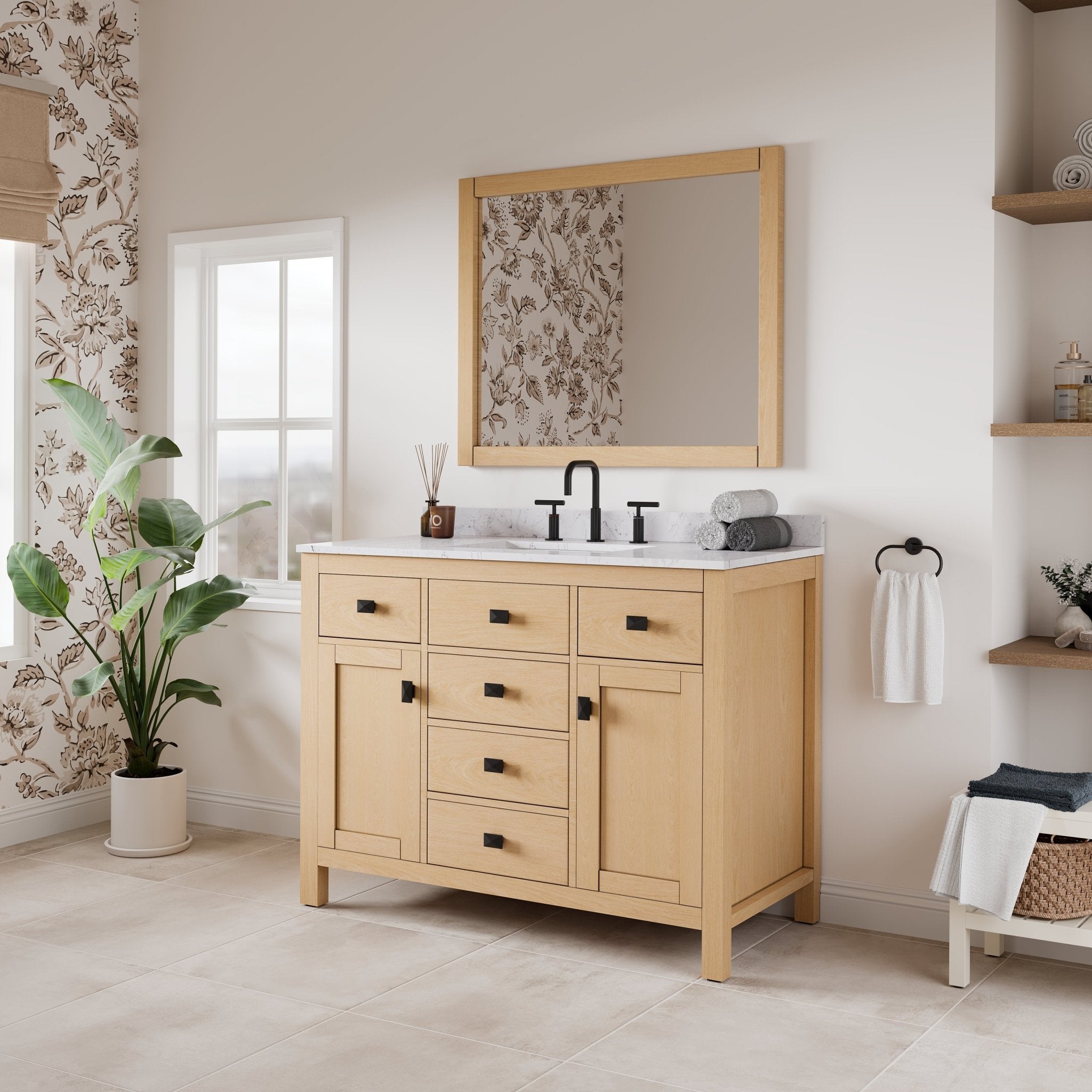 Artemis 42 in. Oak Single Sink Bath Vanity with Arabescato Engineered Stone Top and Undermount Porcelain Sink - Bathroom Vanity by Eviva