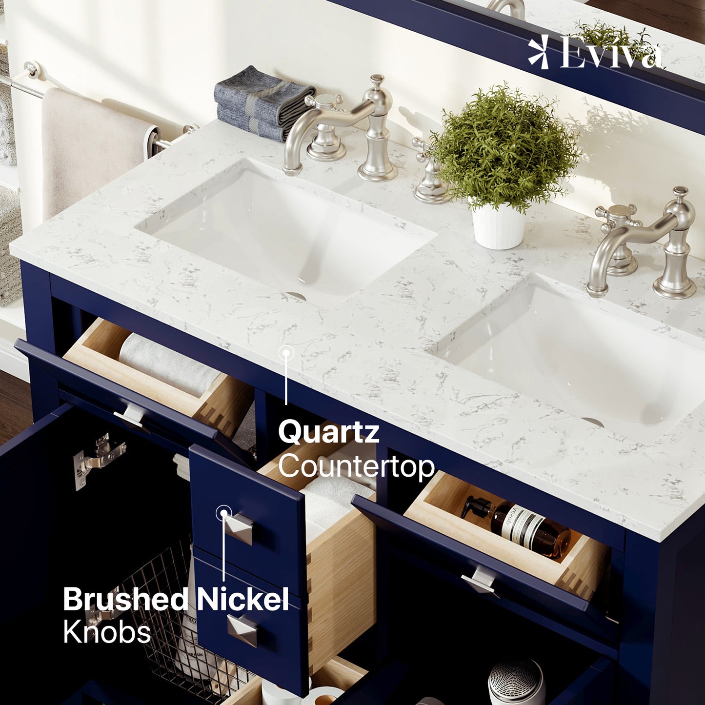 Artemis 44"W x 22"D Blue Double Sink Bathroom Vanity with Carrara Quartz Countertop and Undermount Porcelain Sink