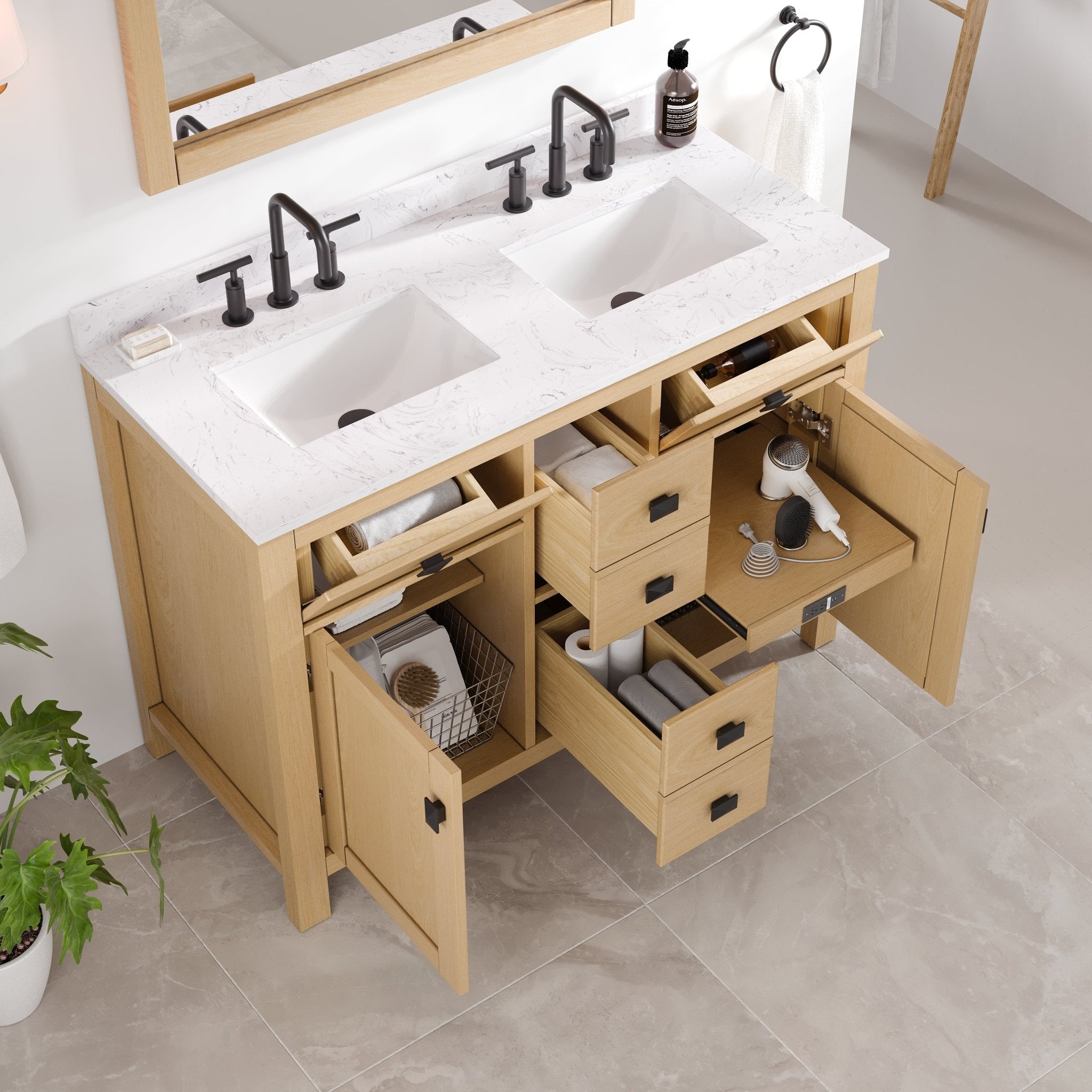 Artemis 44 in. Oak Double Sink Bath Vanity with Arabescato Engineered Stone Top and Undermount Porcelain Sinks - Bathroom Vanity by Eviva