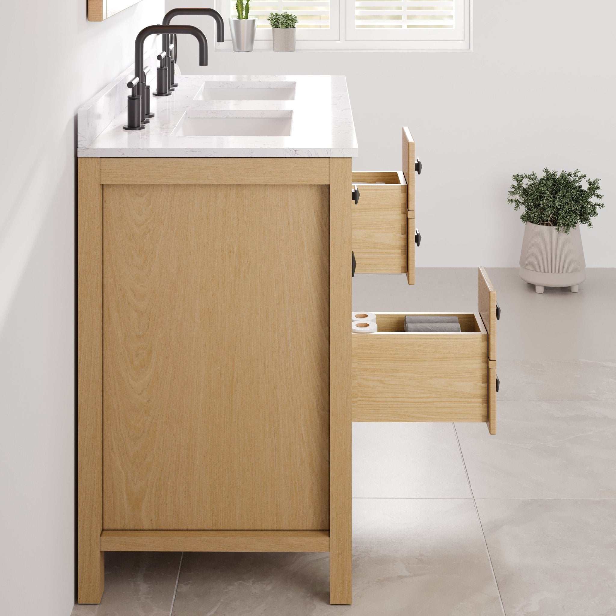 Artemis 44 in. Oak Double Sink Bath Vanity with Arabescato Engineered Stone Top and Undermount Porcelain Sinks - Bathroom Vanity by Eviva