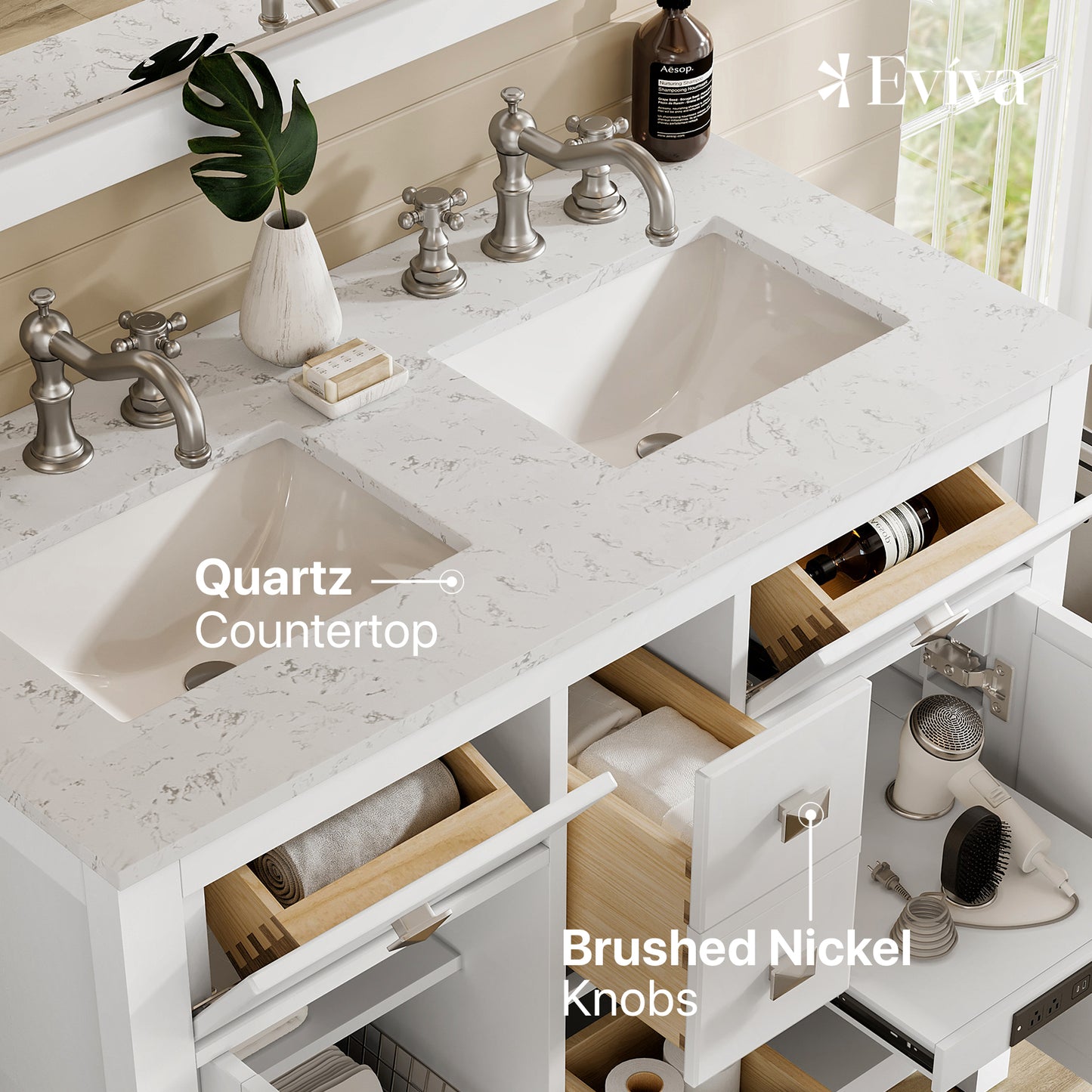 Artemis 44"W x 22"D White Double Sink Bathroom Vanity with Carrara Quartz Countertop and Undermount Porcelain Sink
