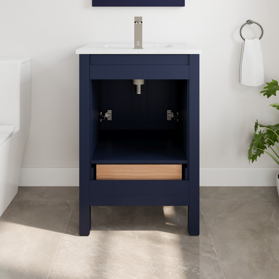 London 24 in. Blue Single Sink Bath Vanity with Carrara Quartz Top and Undermount Porcelain Sink
