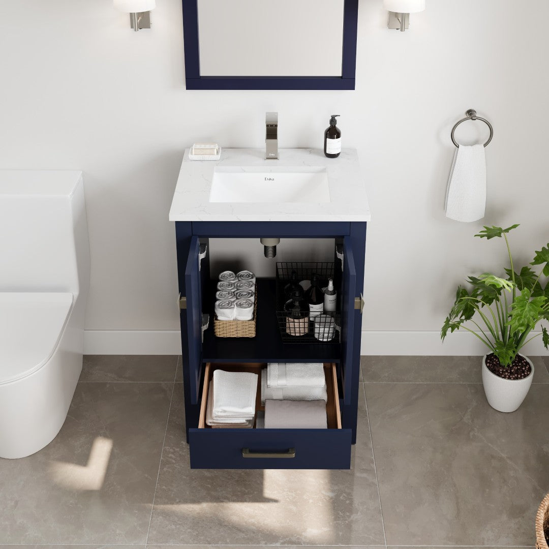London 24 in. Blue Single Sink Bath Vanity with Carrara Quartz Top and Undermount Porcelain Sink
