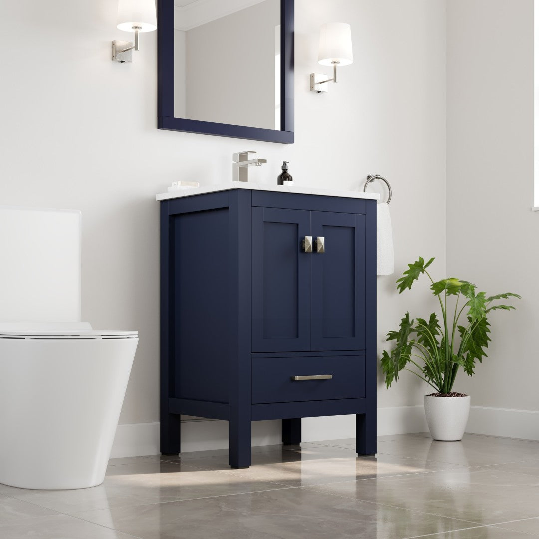 London 24 in. Blue Single Sink Bath Vanity with Carrara Quartz Top and Undermount Porcelain Sink