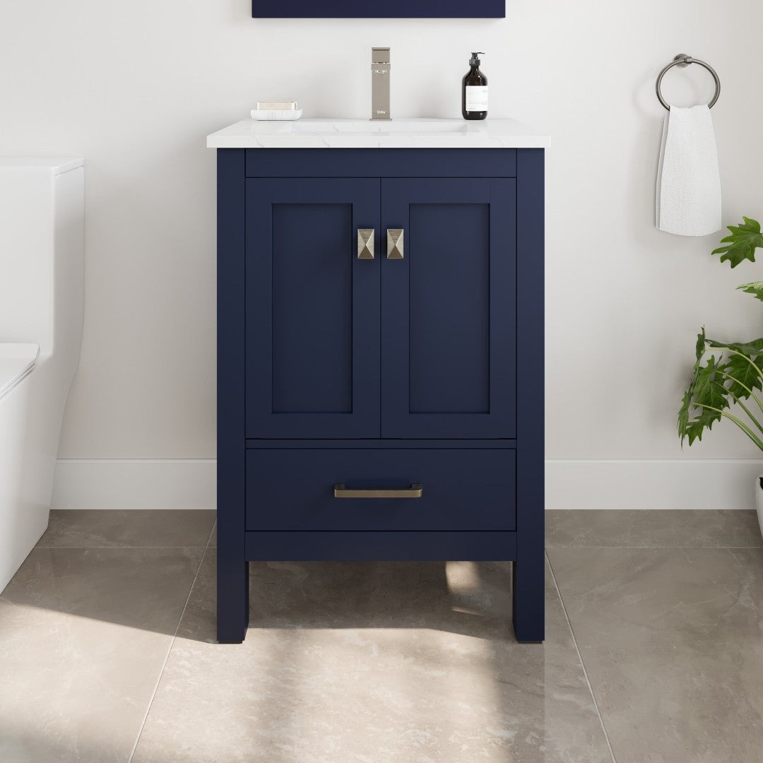 London 24 in. Blue Single Sink Bath Vanity with Carrara Quartz Top and Undermount Porcelain Sink