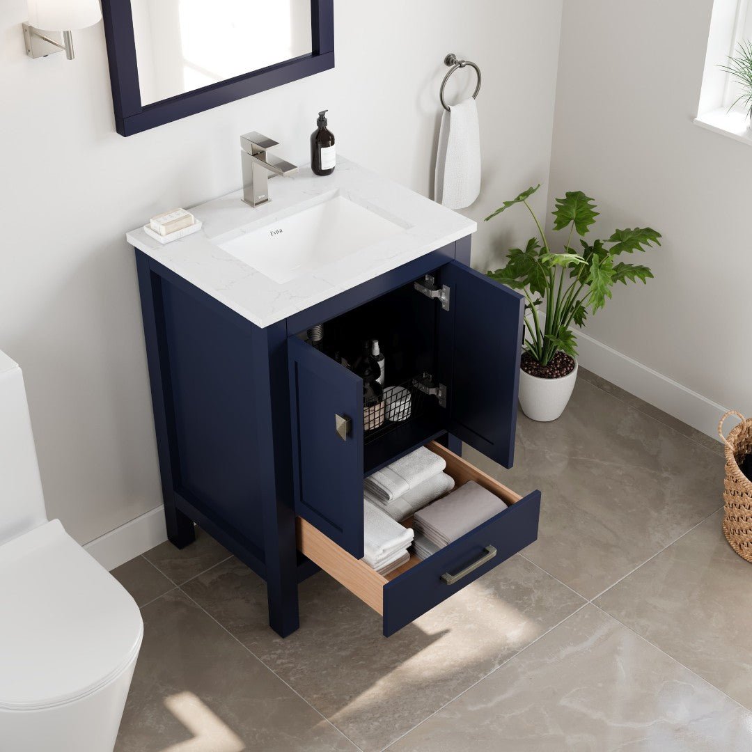 London 24 in. Blue Single Sink Bath Vanity with Carrara Quartz Top and Undermount Porcelain Sink - Bathroom Vanity by Eviva