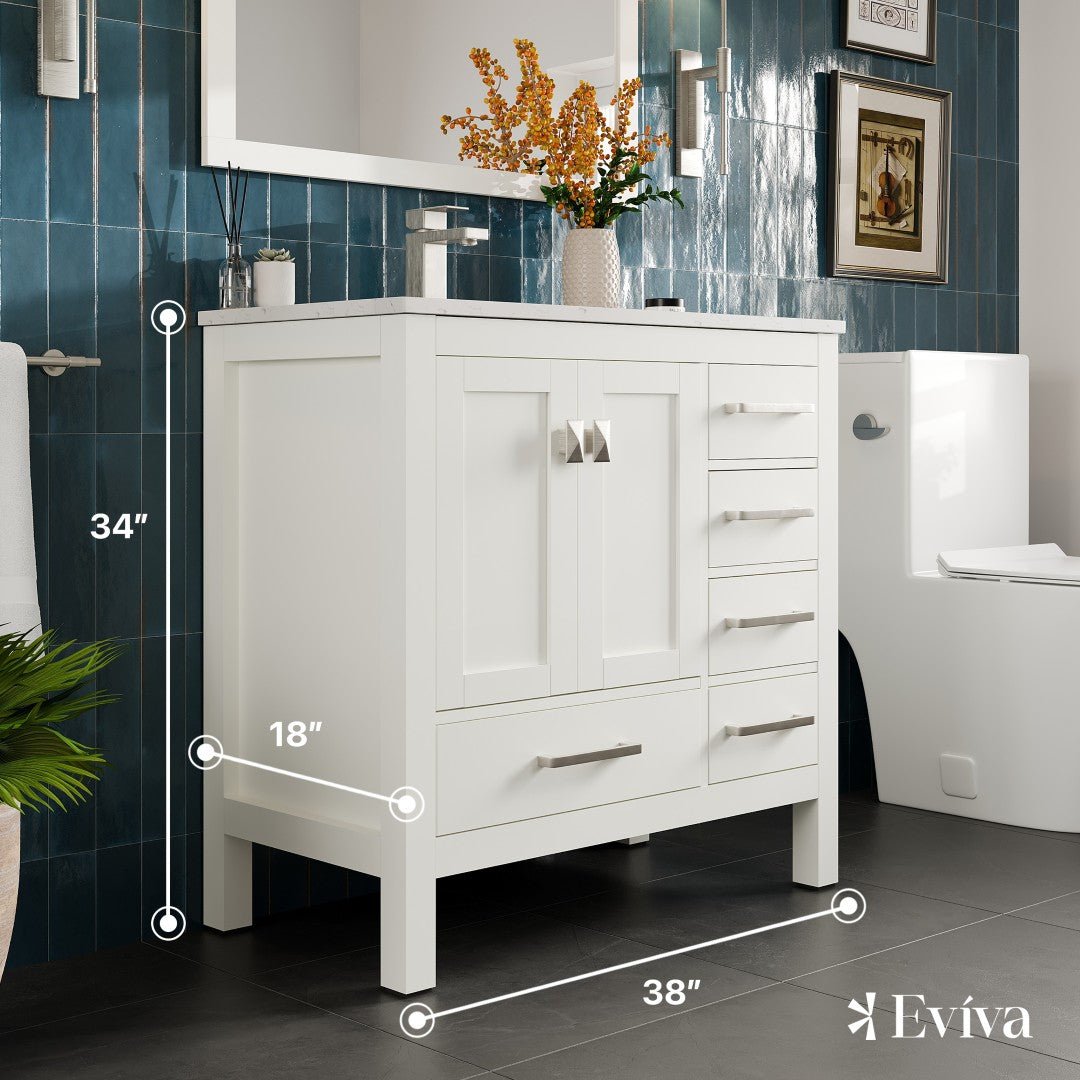 London 38 in. White Single Sink Bath Vanity with Carrara Quartz Top and Undermount Porcelain Sink - Bathroom Vanity by Eviva