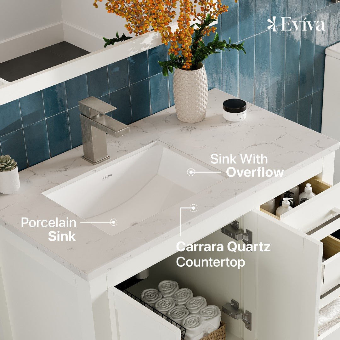 London 38 in. White Single Sink Bath Vanity with Carrara Quartz Top and Undermount Porcelain Sink - Bathroom Vanity by Eviva