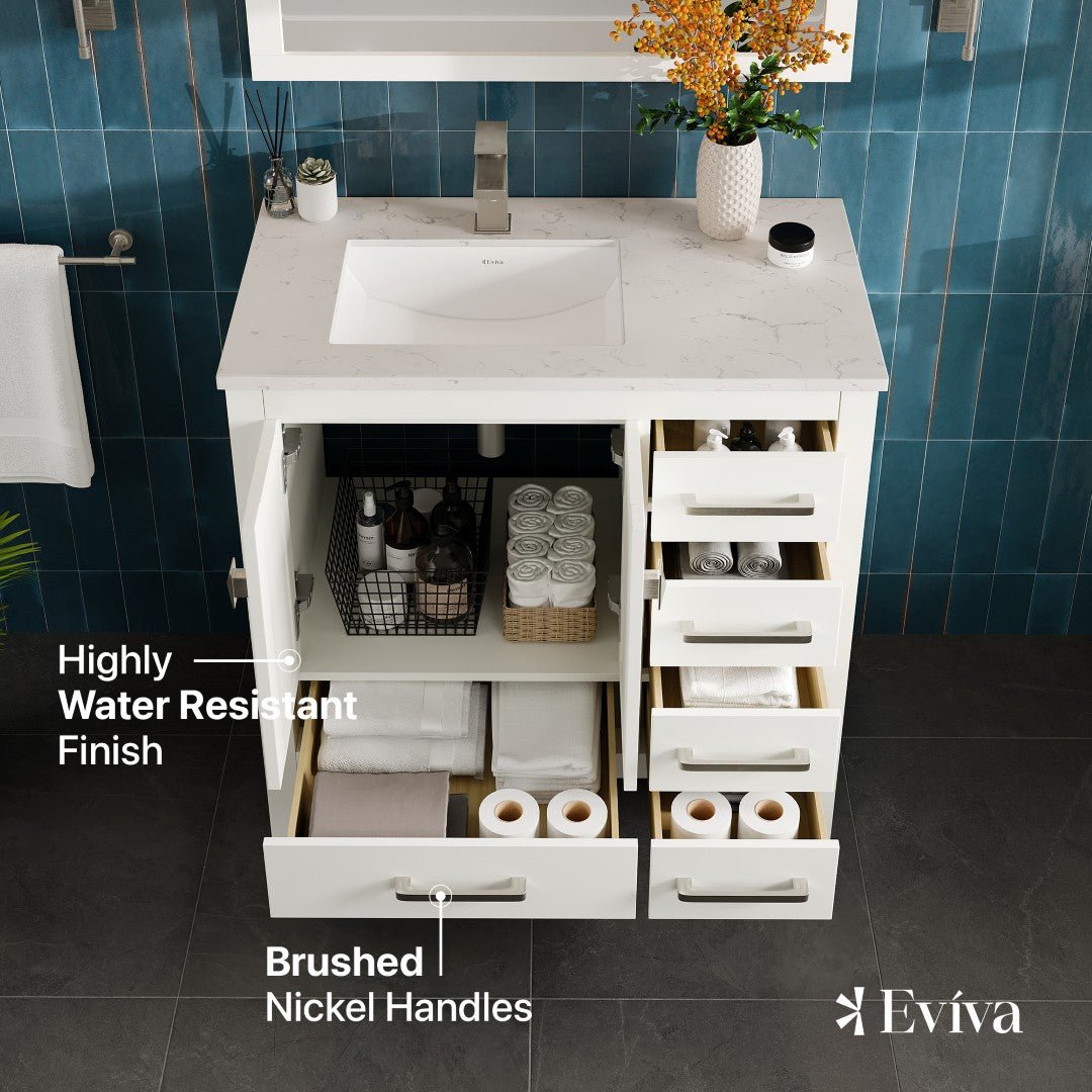 London 38 in. White Single Sink Bath Vanity with Carrara Quartz Top and Undermount Porcelain Sink - Bathroom Vanity by Eviva