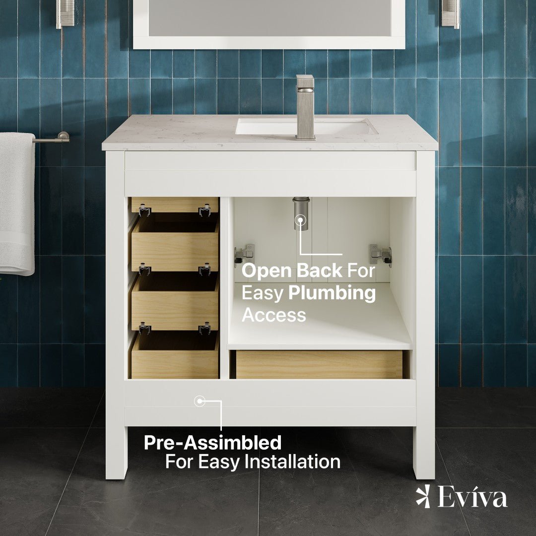 London 38 in. White Single Sink Bath Vanity with Carrara Quartz Top and Undermount Porcelain Sink - Bathroom Vanity by Eviva