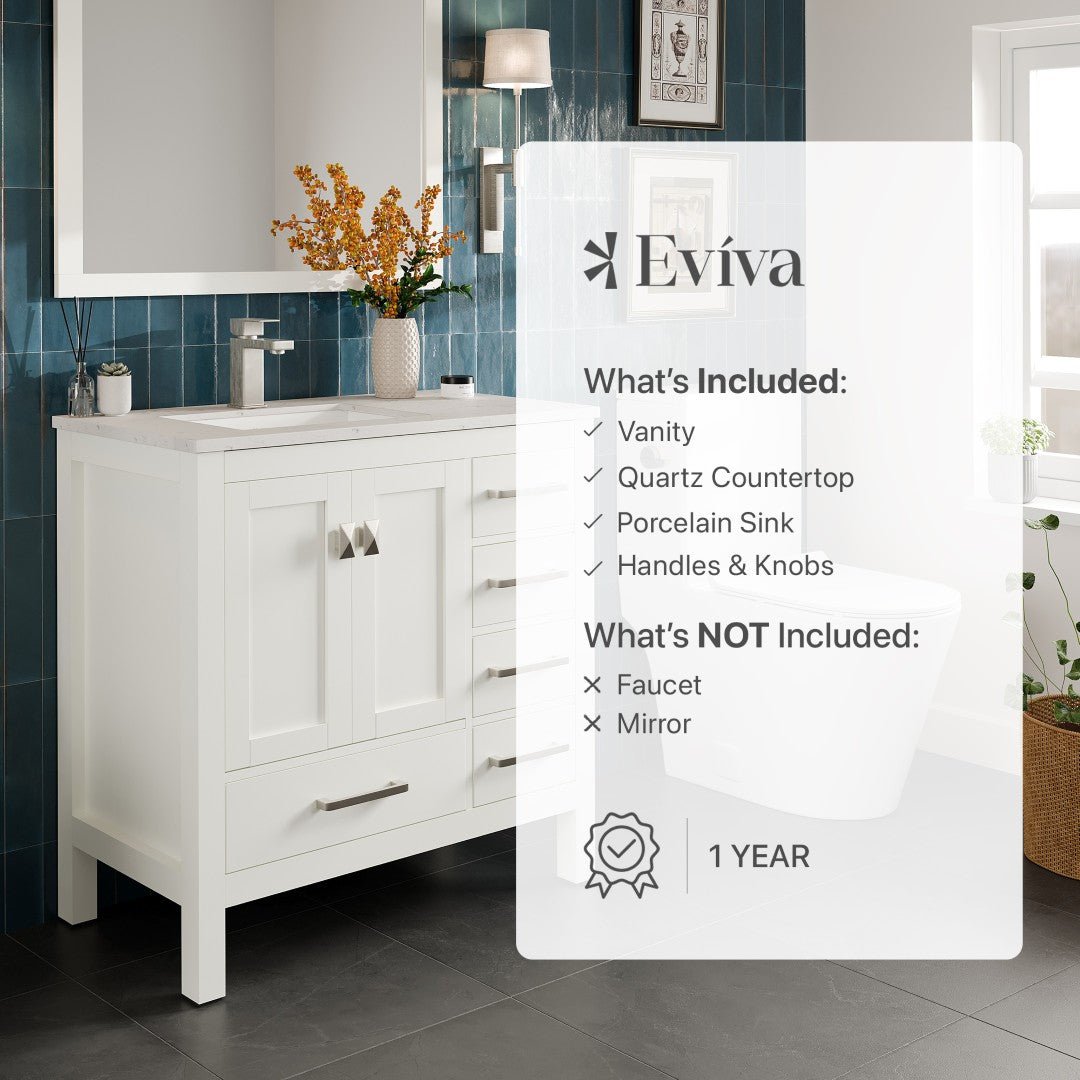 London 38 in. White Single Sink Bath Vanity with Carrara Quartz Top and Undermount Porcelain Sink - Bathroom Vanity by Eviva