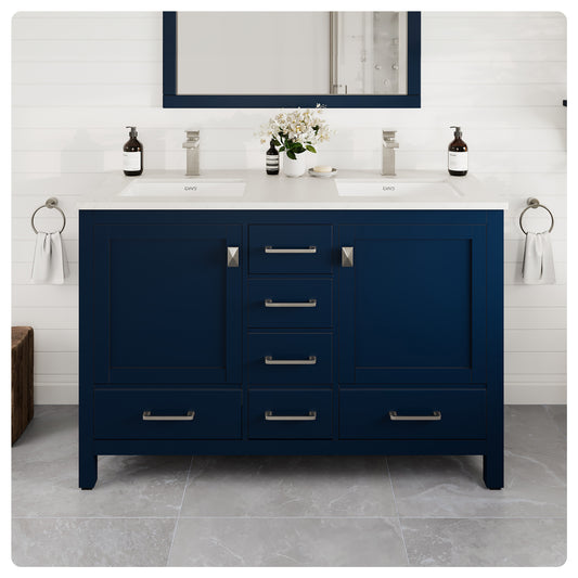 London 48"W x 18"D Blue Double Sink Bathroom Vanity with Carrara Quartz Countertop and Undermount Porcelain Sink