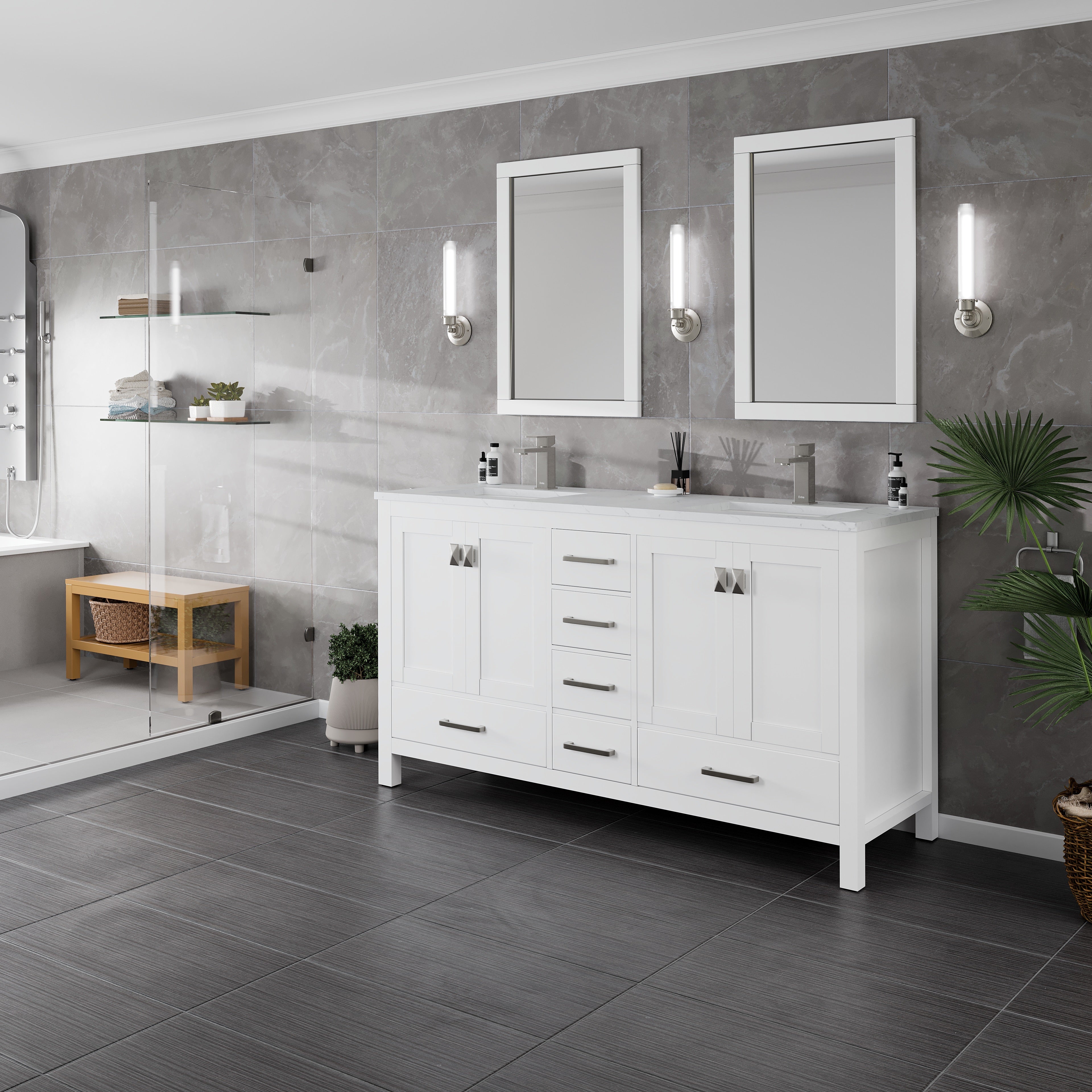 London 60 in. White Double Sink Bath Vanity with Carrara Quartz Top and Undermount Porcelain Sinks
