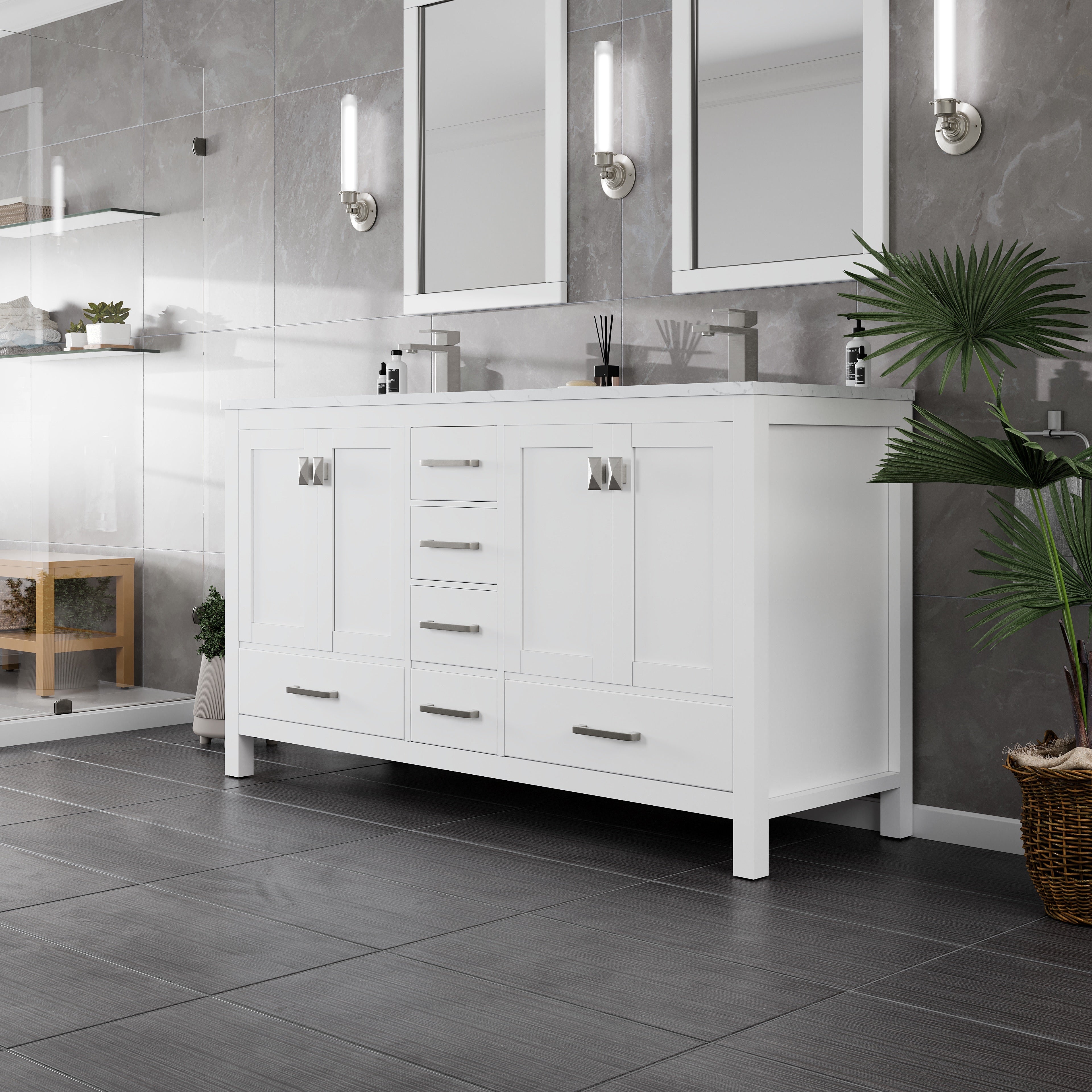 London 60 in. White Double Sink Bath Vanity with Carrara Quartz Top and Undermount Porcelain Sinks