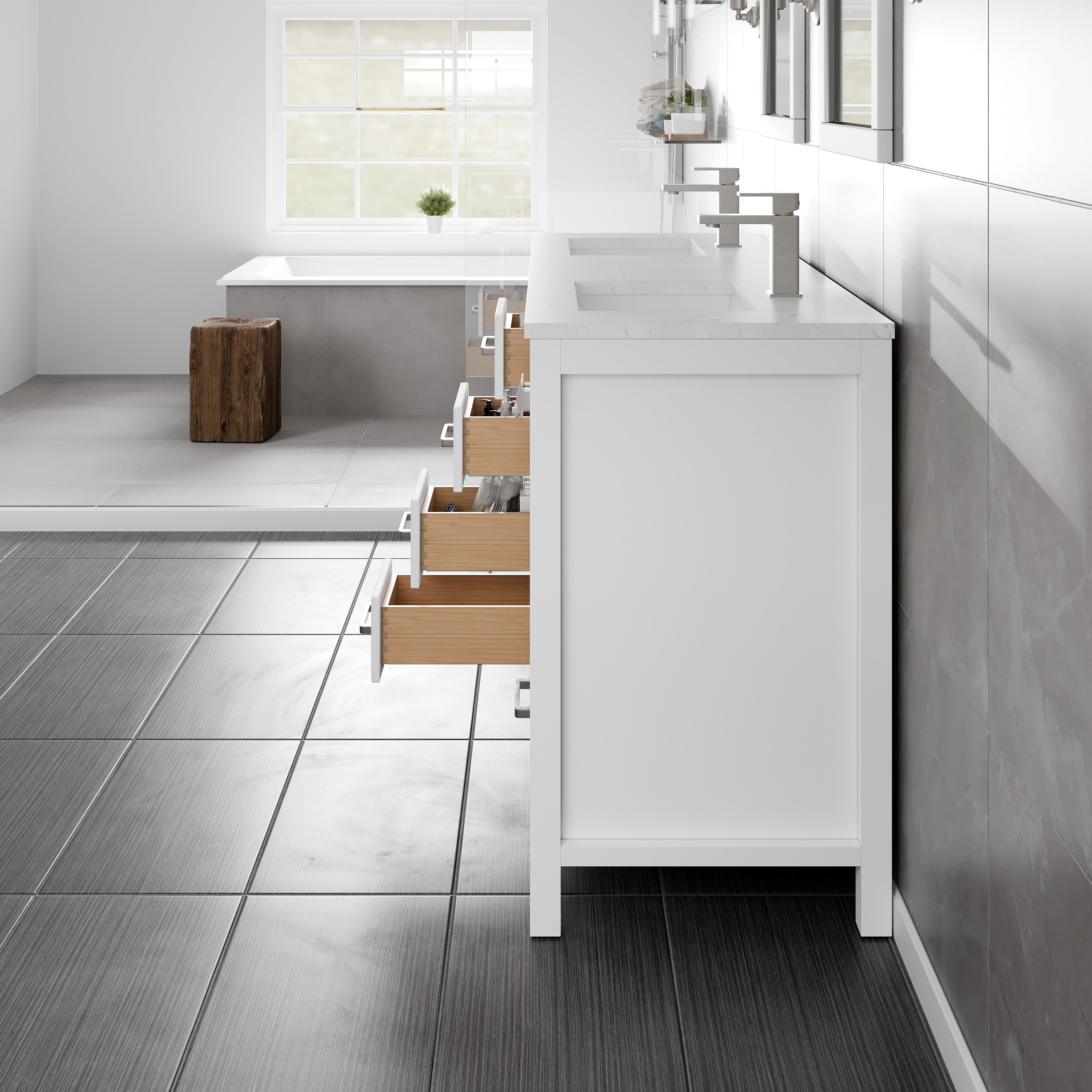London 60 in. White Double Sink Bath Vanity with Carrara Quartz Top and Undermount Porcelain Sinks