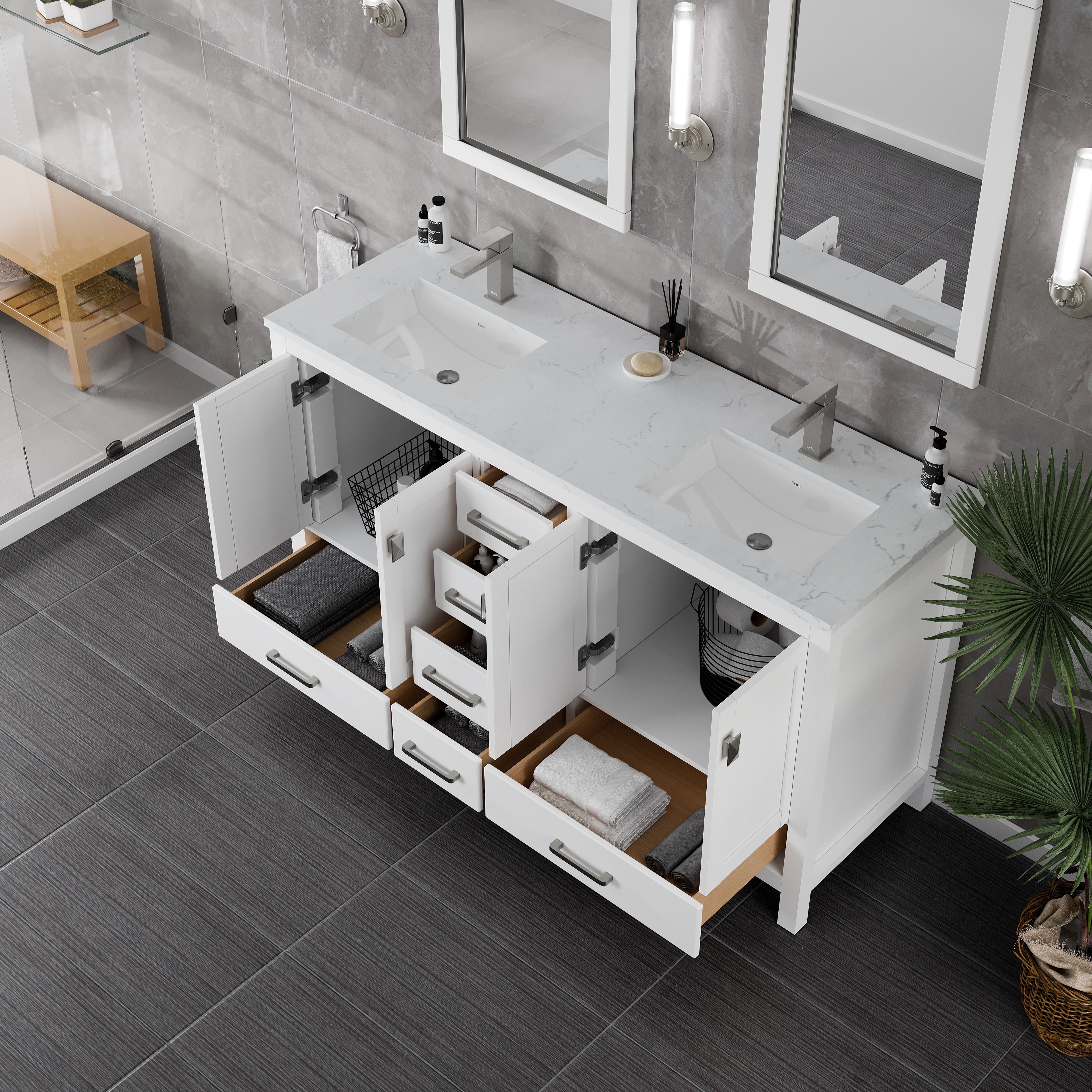 London 60 in. White Double Sink Bath Vanity with Carrara Quartz Top and Undermount Porcelain Sinks