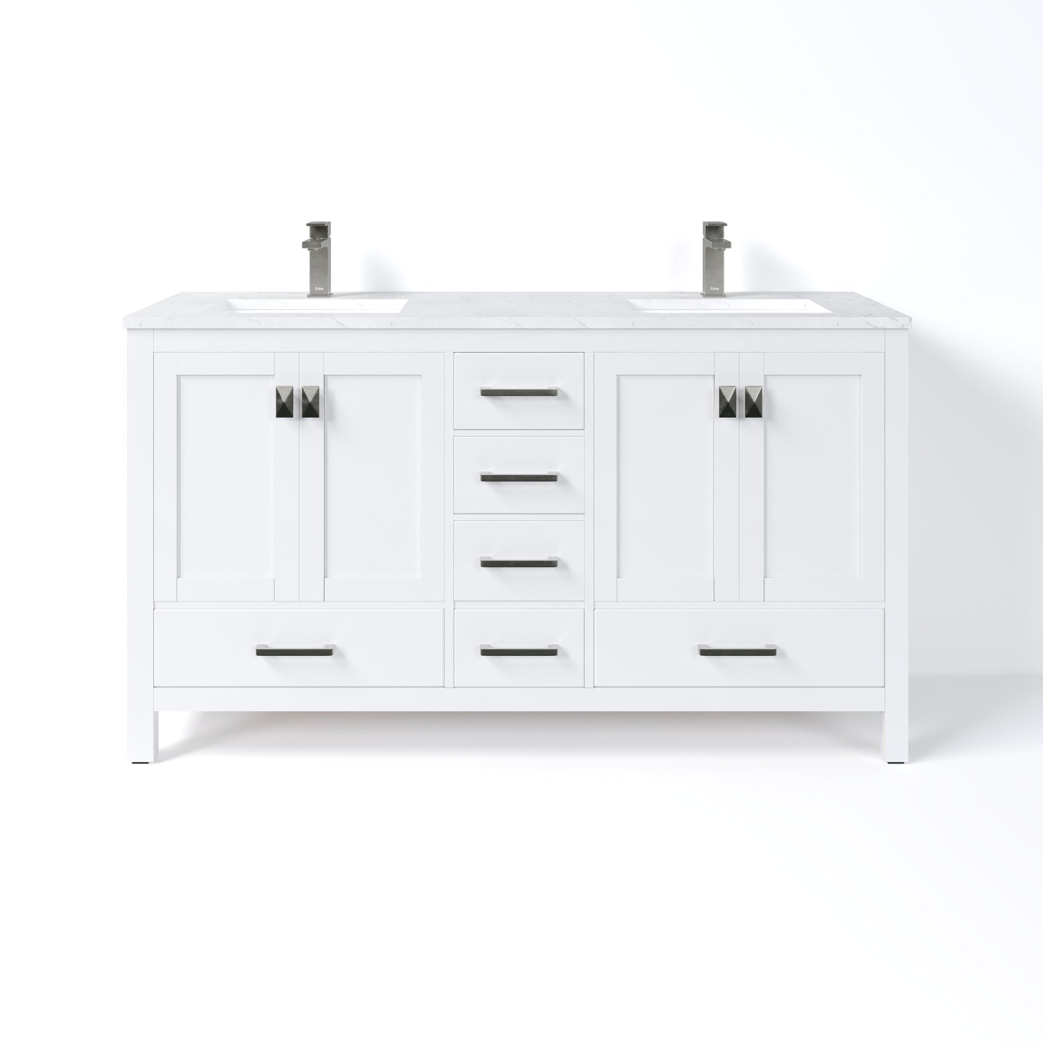 London 60 in. White Double Sink Bath Vanity with Carrara Quartz Top and Undermount Porcelain Sinks - Bathroom Vanity by Eviva