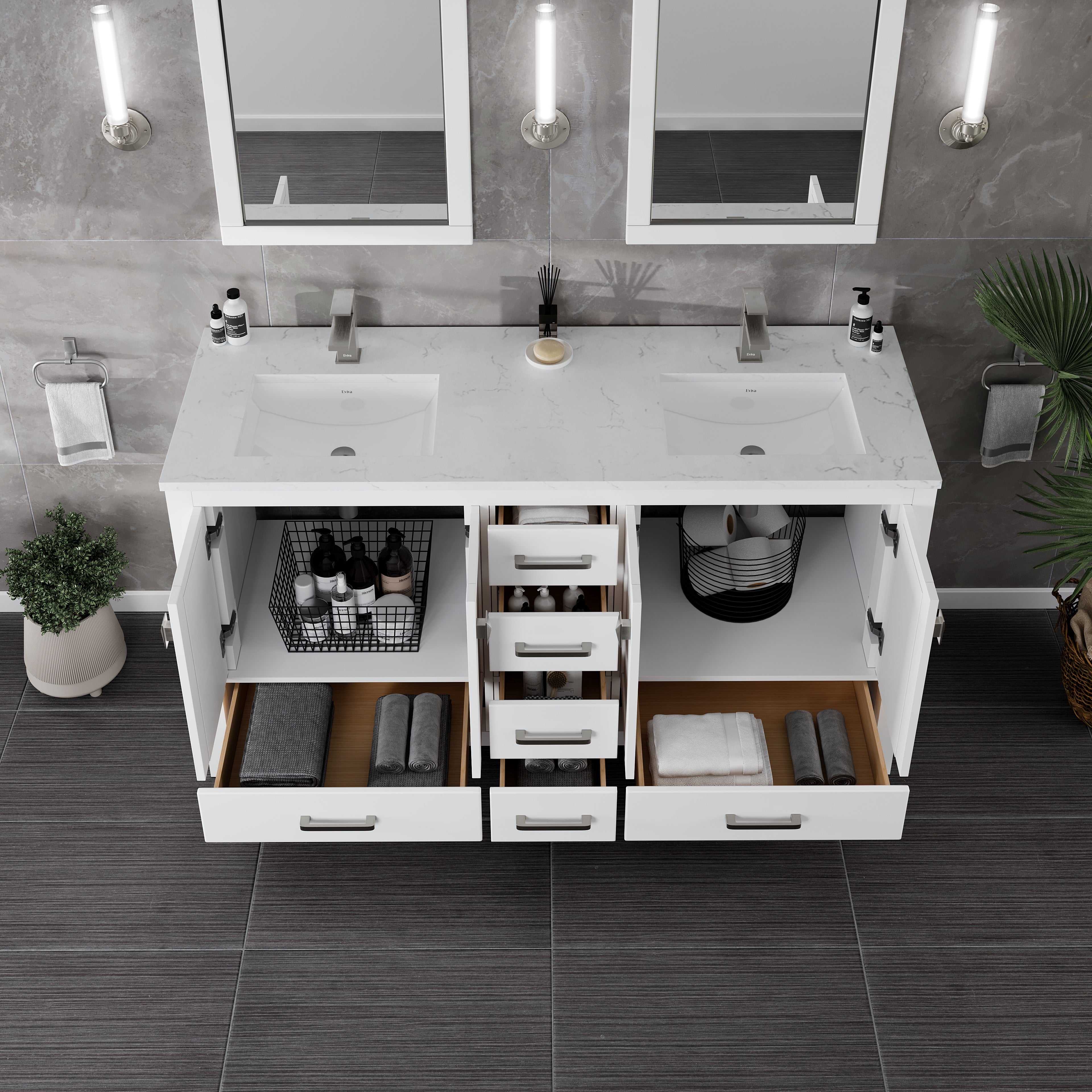 London 60 in. White Double Sink Bath Vanity with Carrara Quartz Top and Undermount Porcelain Sinks