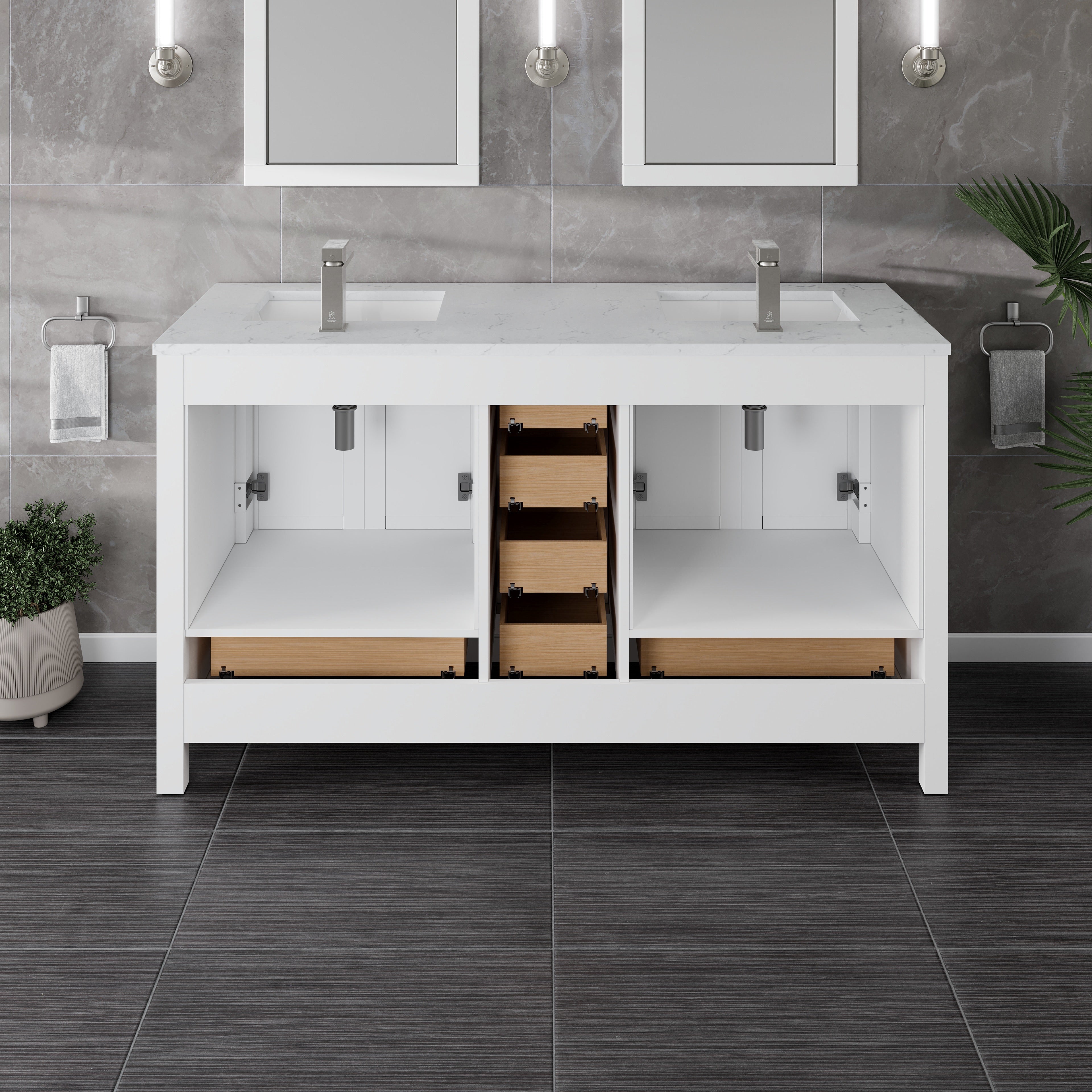 London 60 in. White Double Sink Bath Vanity with Carrara Quartz Top and Undermount Porcelain Sinks