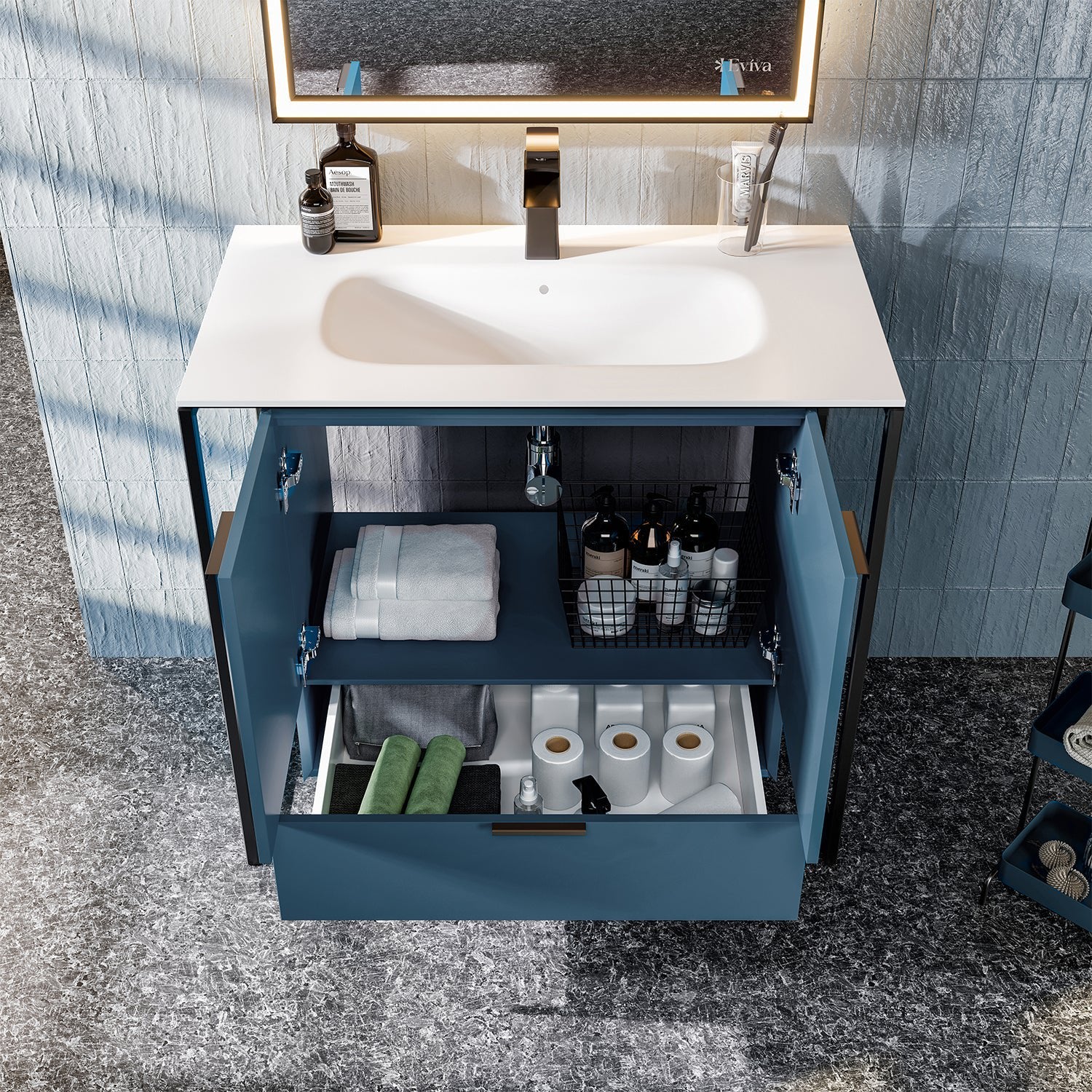 Moma 32 in. Blue Wall Mount Single Sink Bath Vanity with Solid Surface Top and Integrated Sink