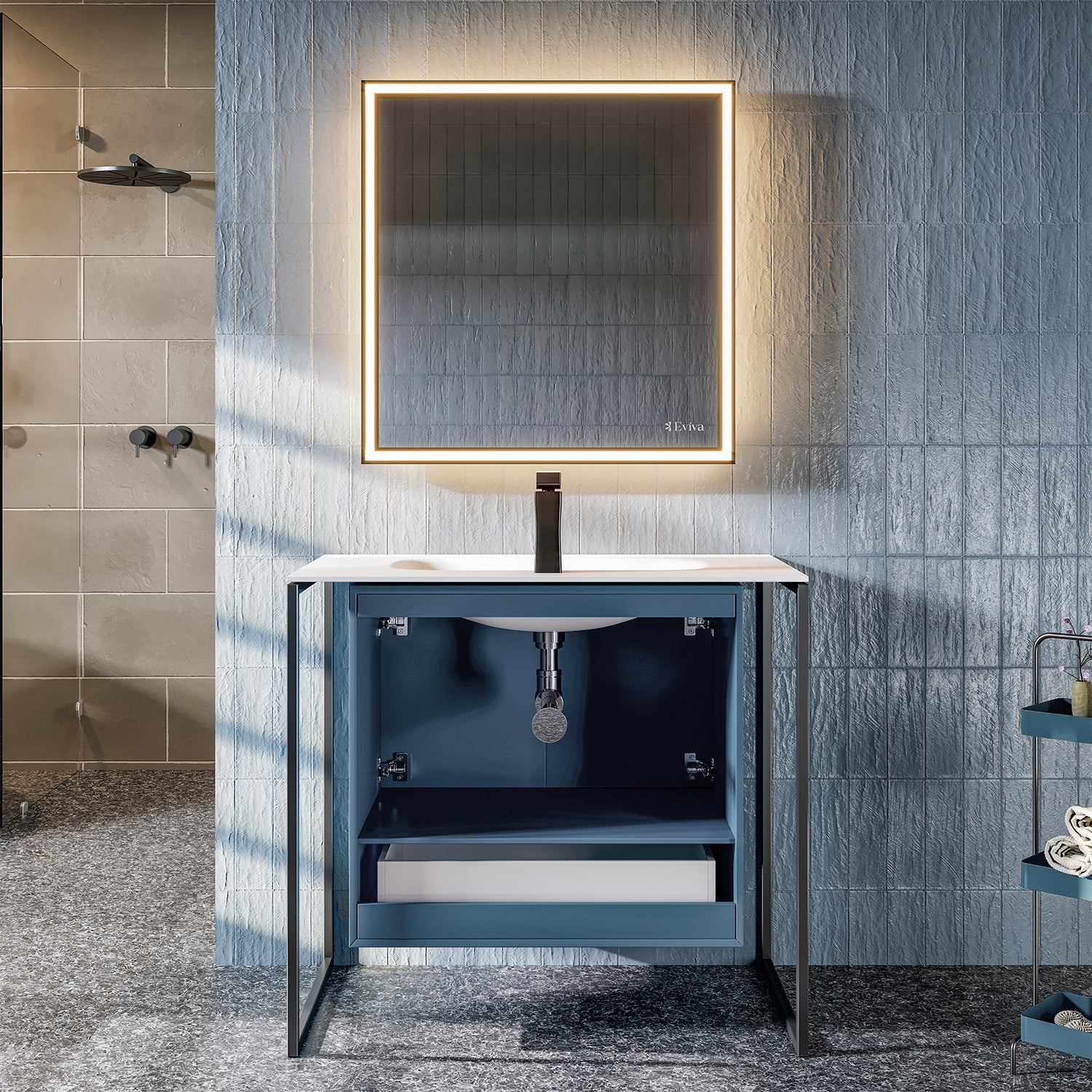 Moma 32 in. Blue Wall Mount Single Sink Bath Vanity with Solid Surface Top and Integrated Sink